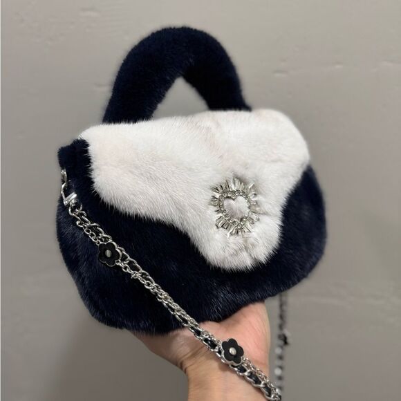 Colorblock Handmade Luxury Real Mink Fur Top Handle Bag/Shoulder Bag/Crossbody - Picture 10 of 16